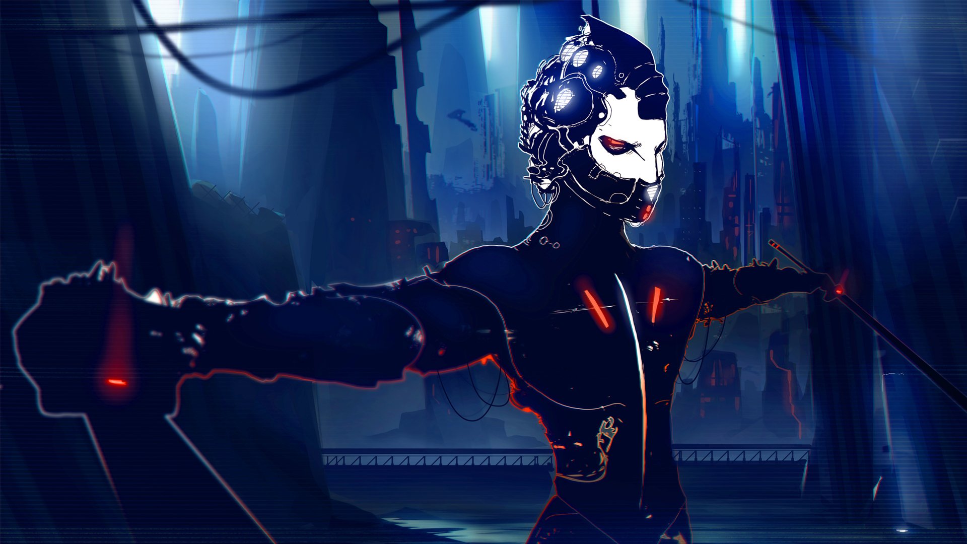 HD PC desktop wallpaper — sci-fi cyborg with glowing red circuits and helmeted face, arms outstretched in a neon-lit futuristic industrial chamber.