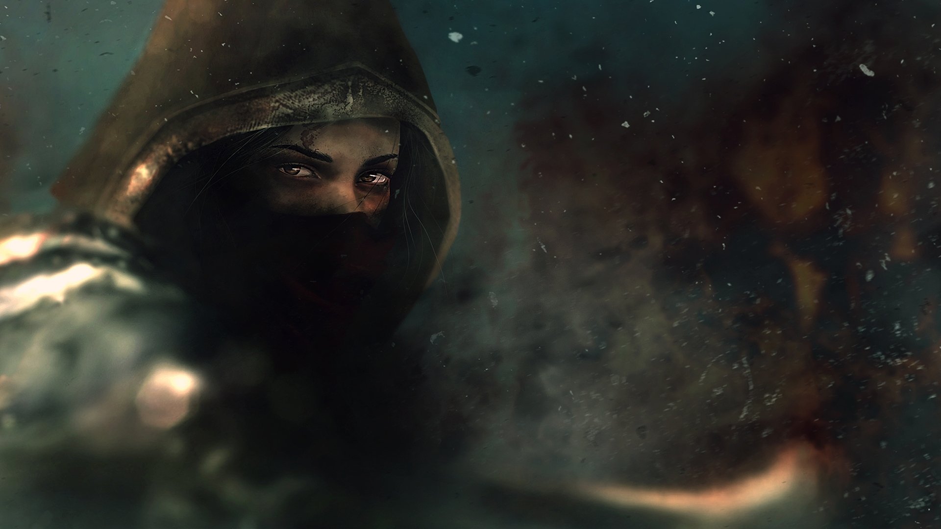 A detailed fantasy warrior emerging from shadows, wearing a hood and armor, exuding a mysterious and powerful aura. This HD wallpaper enhances any desktop background with its striking imagery.