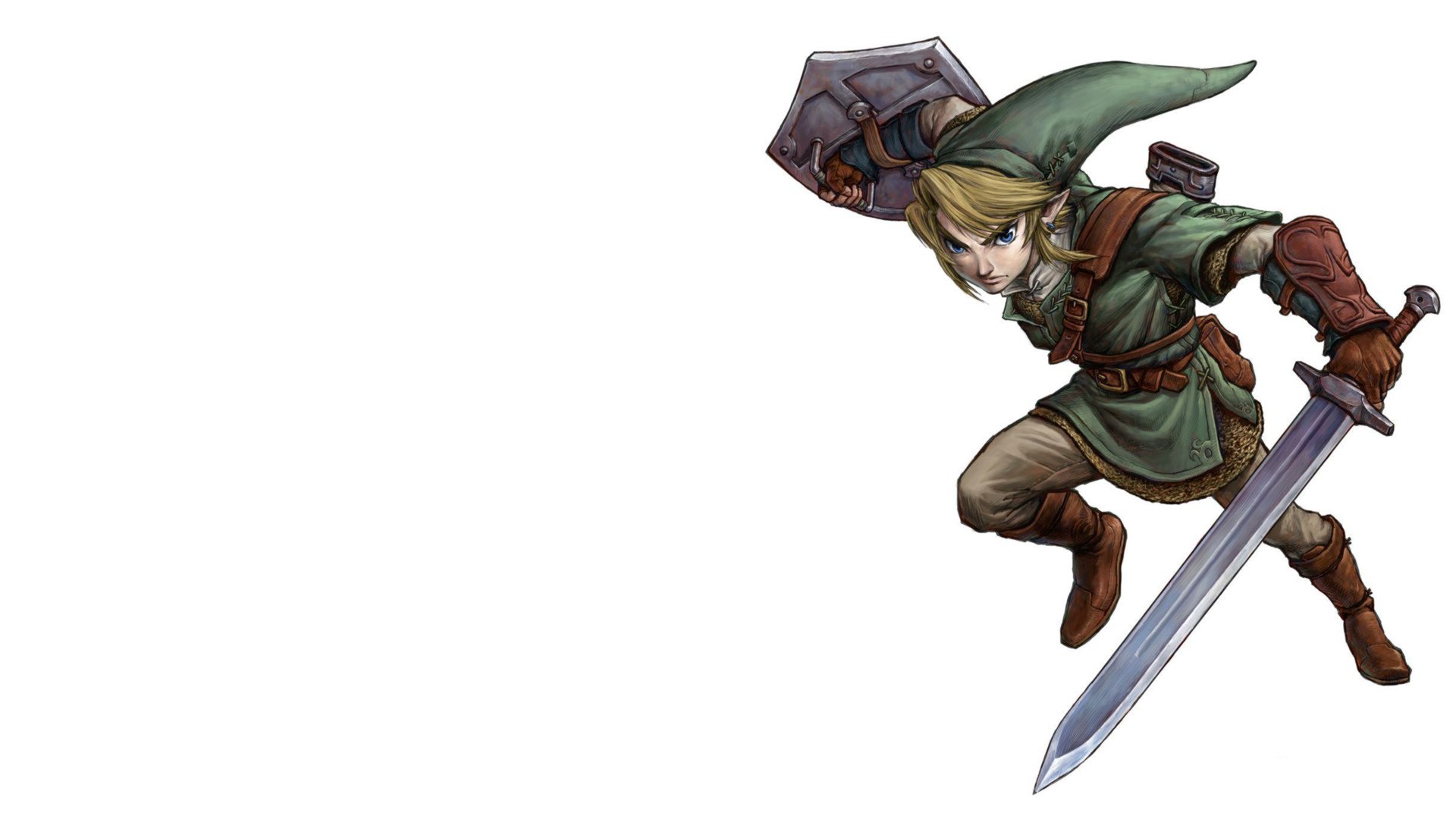 HD PC desktop wallpaper: Link from The Legend of Zelda: Twilight Princess in an action pose with sword and shield on a white background, positioned at the right with empty space to the left.