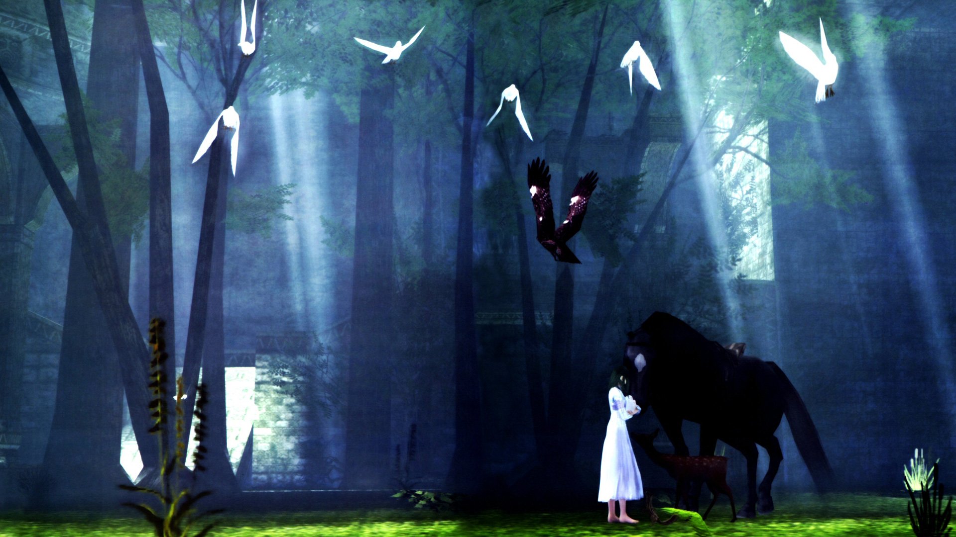 HD PC desktop wallpaper from the video game Shadow of the Colossus, showing a serene forest scene with a girl, a black horse, and birds flying through sunlit trees.