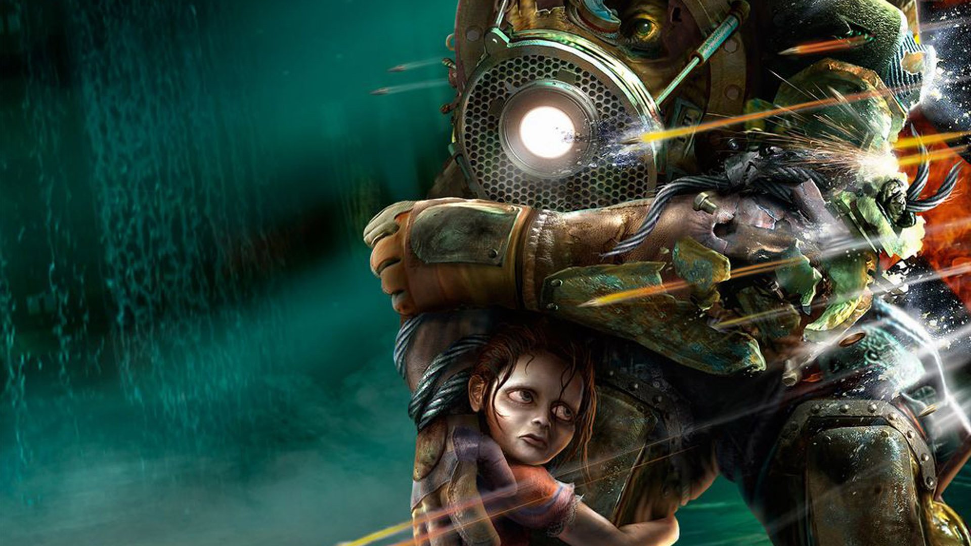 HD PC desktop wallpaper from the video game Bioshock, featuring a Big Daddy character holding a young girl in a dark, underwater setting.