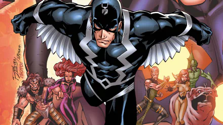 HD PC desktop wallpaper of Black Bolt in dynamic pose, surrounded by fellow comic characters, showcasing intense colors and detailed artwork.