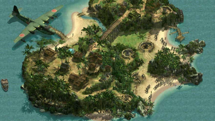 HD PC desktop wallpaper: Commandos 2: Men of Courage — isometric jungle island military map with a transport plane, sandy beaches, palm trees and hidden bunkers.