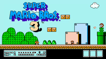 HD PC desktop wallpaper featuring a classic Super Mario Bros. 3 scene with Mario standing on a platform, iconic game blocks, and the game logo in vibrant colors.