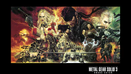 HD wallpaper featuring iconic characters and scenes from Metal Gear Solid 3: Snake Eater, set against a dramatic, vibrant backdrop of action and intrigue.