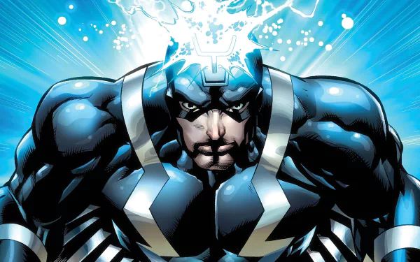 HD PC desktop wallpaper featuring a powerful comic-style Black Bolt character with energy radiating from his head against a bright, dynamic blue background.