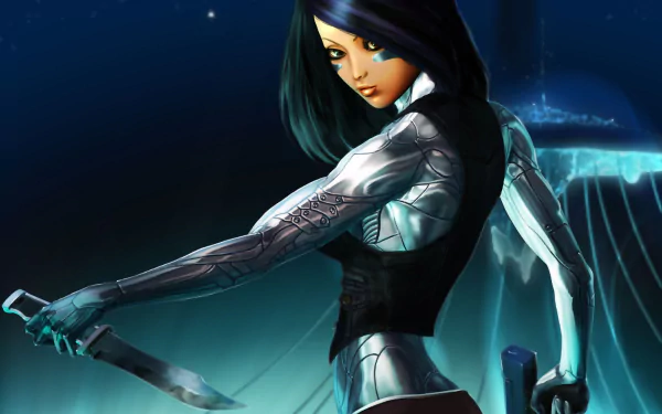 An HD desktop wallpaper featuring a character from Alita: Battle Angel, showcasing a fierce, cybernetic warrior poised with a knife against a futuristic background.