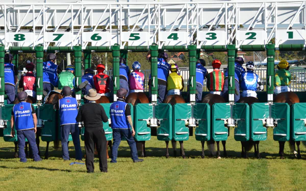 Jockeys in colorful silks prepare for a race at a Sydney horse racing event, captured in a vibrant, high-definition background, showcasing the excitement of the sport.