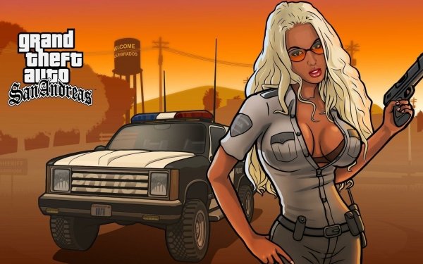 Videojuego Grand Theft Auto: San Andreas Grand Theft Auto Rubia Sunglasses Arma Gun Handgun Pistola Long Hair Belt Policia Shirt Coche Police Car Atardecer Fondo de pantalla HD | Fondo de Escritorio
