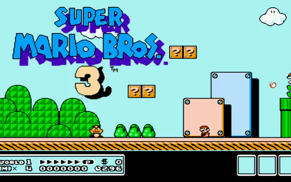 HD PC desktop wallpaper featuring a classic Super Mario Bros. 3 scene with Mario standing on a platform, iconic game blocks, and the game logo in vibrant colors.