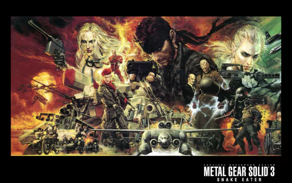 HD wallpaper featuring iconic characters and scenes from Metal Gear Solid 3: Snake Eater, set against a dramatic, vibrant backdrop of action and intrigue.