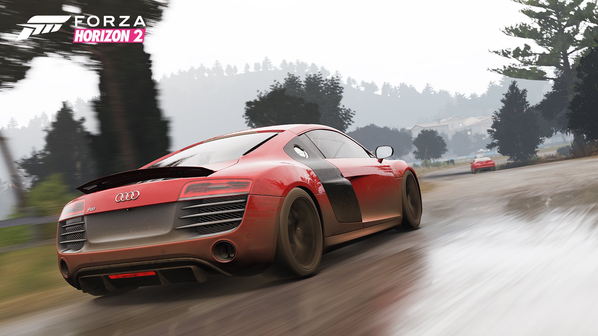 Forza Horizon 2 video game HD PC desktop wallpaper — red Audi R8 skidding on a rain-slick country road, motion blur and misty trees.