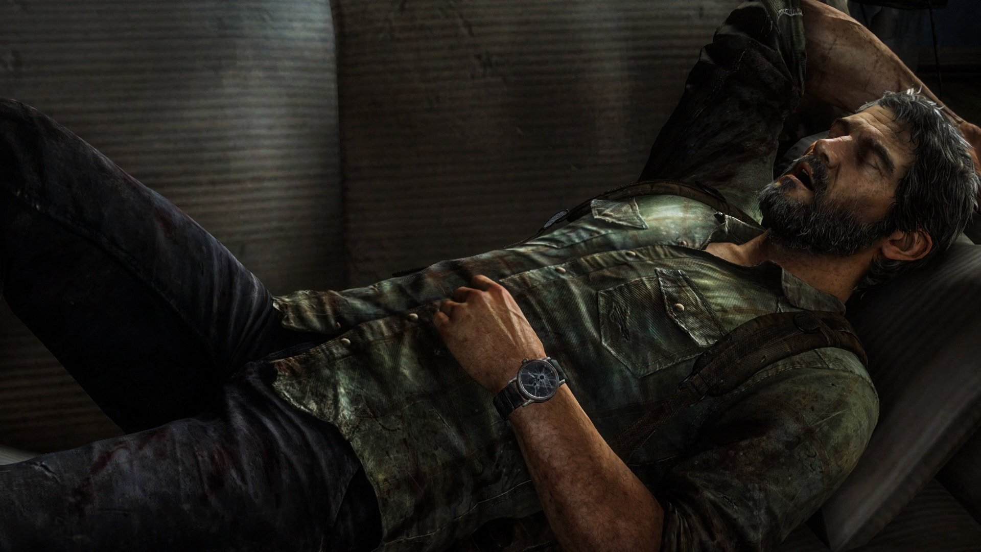 HD PC desktop wallpaper featuring a character from the video game The Last of Us reclining on a couch, capturing the game's intense and immersive atmosphere.