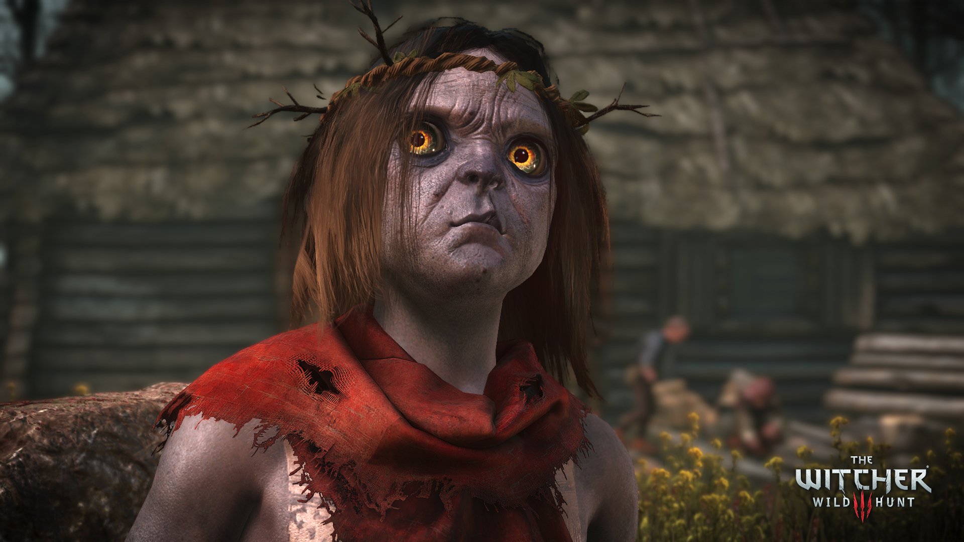 HD PC desktop wallpaper featuring a detailed, eerie character from The Witcher 3: Wild Hunt video game, showcasing dark fantasy elements and intense yellow eyes.