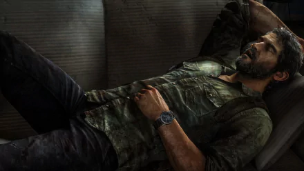 HD PC desktop wallpaper featuring a character from the video game The Last of Us reclining on a couch, capturing the game's intense and immersive atmosphere.