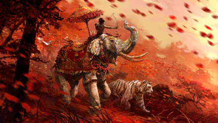 HD desktop wallpaper from Far Cry 4 featuring a warrior riding an elephant with a tiger stalking alongside in a vibrant, red-toned forest setting.