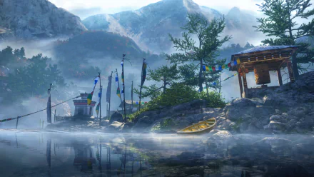 A serene landscape from Far Cry 4, featuring misty mountains, a tranquil lake, and colorful prayer flags, making this an atmospheric HD desktop wallpaper for fans of the game.