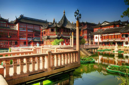 HD desktop wallpaper showcasing the ornate Tea Palace in Shanghai, China, featuring traditional architecture and a serene pond surrounded by man-made structures.