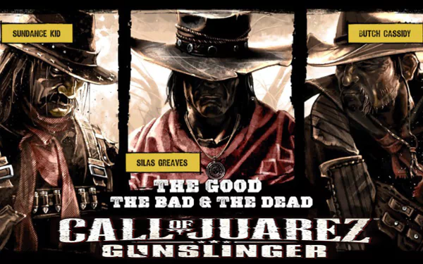 HD PC desktop wallpaper featuring characters Sundance Kid, Silas Greaves, and Butch Cassidy from the video game Call of Juarez: Gunslinger with a Wild West theme.