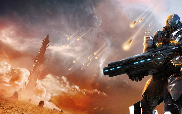 HD PC desktop wallpaper featuring a futuristic soldier armed with a large weapon against a fiery, war-torn sky from the video game Section 8.