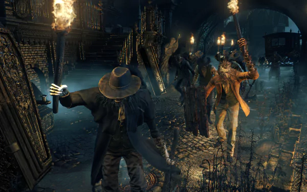 4K Ultra HD Bloodborne wallpaper depicting eerie characters holding torches in a dark, atmospheric setting from the video game.