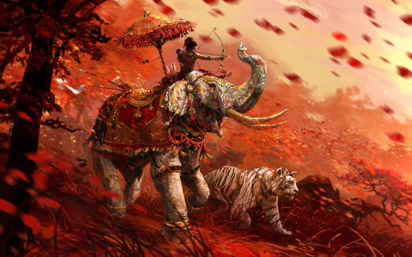 HD desktop wallpaper from Far Cry 4 featuring a warrior riding an elephant with a tiger stalking alongside in a vibrant, red-toned forest setting.