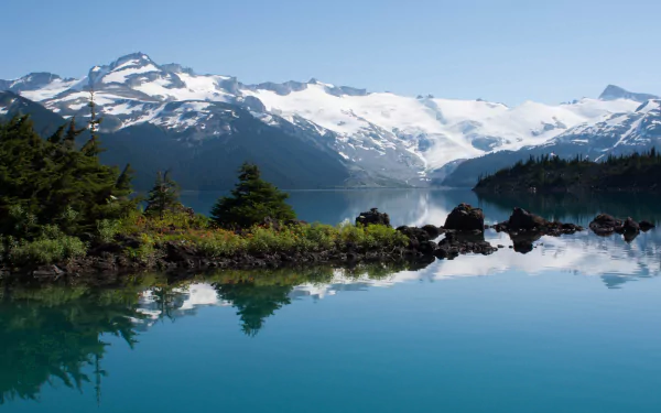 HD desktop wallpaper showcasing the serene beauty of Garibaldi Lake with clear blue water, lush greenery, and snow-capped mountains under a bright sky.
