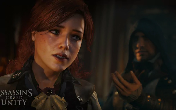 HD PC desktop wallpaper featuring Élise de la Serre from the video game Assassin's Creed: Unity in a detailed, atmospheric scene.