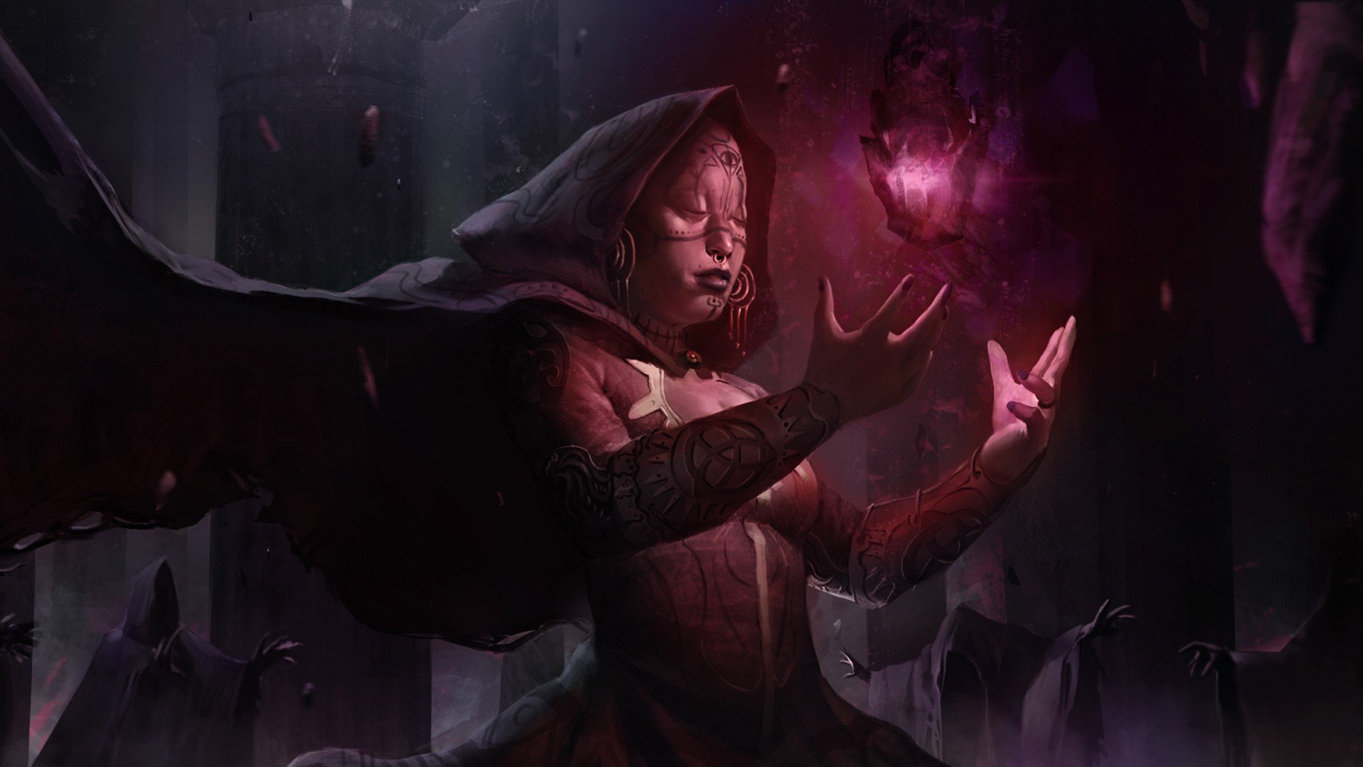 Fantasy HD PC desktop wallpaper featuring a mysterious witch conjuring glowing purple magic in a dark, eerie setting.