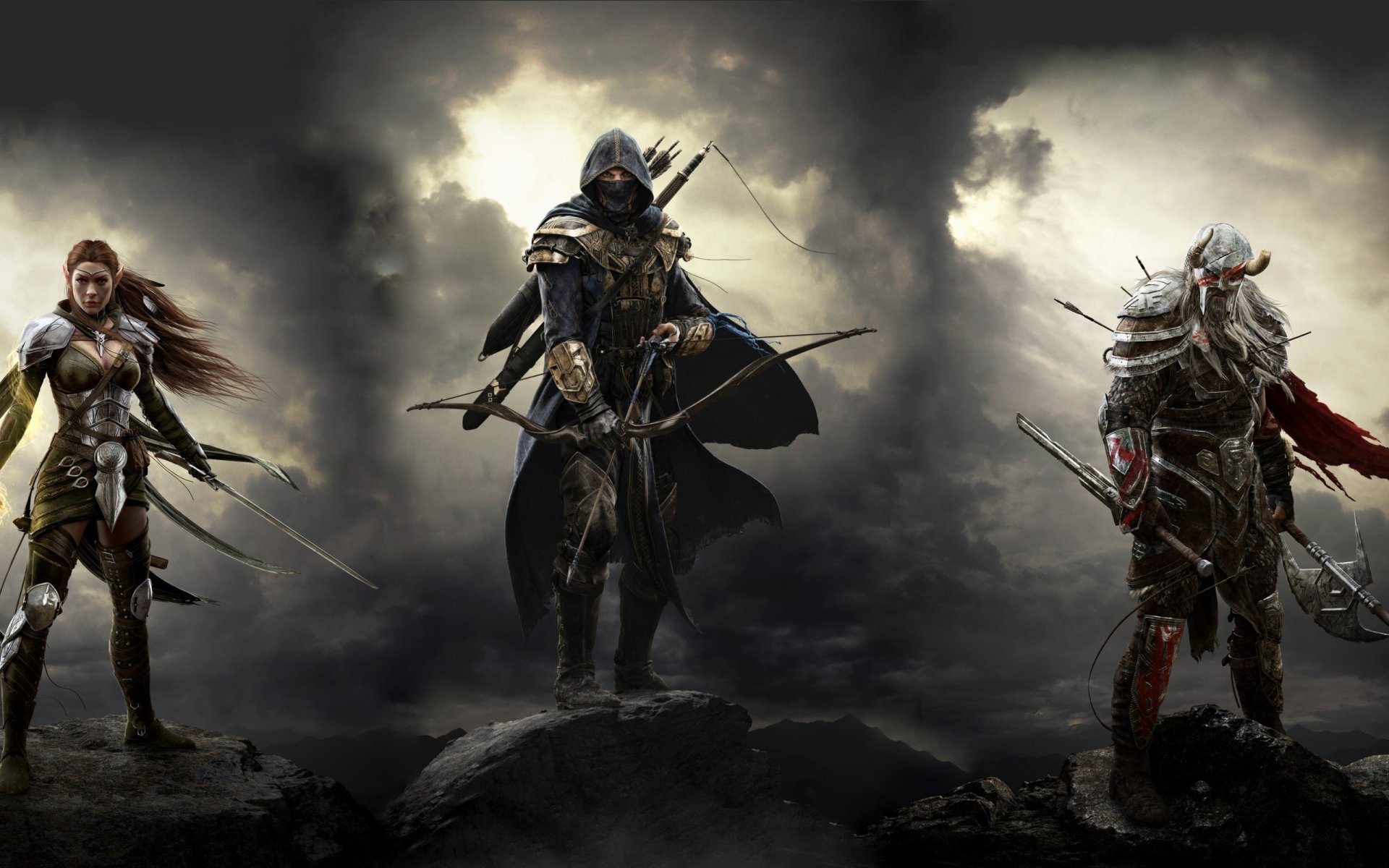 HD desktop wallpaper of three warriors from The Elder Scrolls Online poised for battle under a stormy sky.