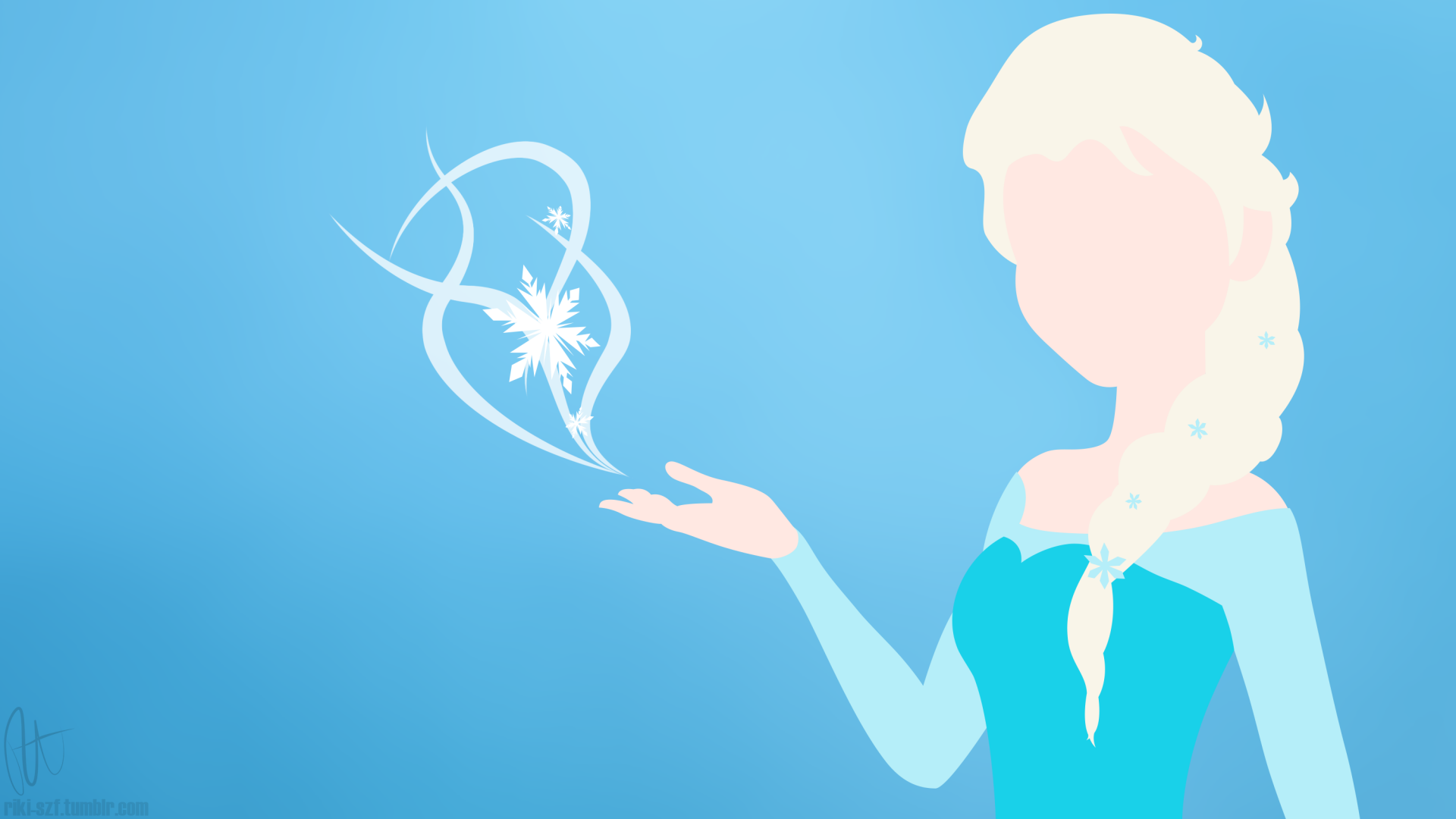 HD PC desktop wallpaper featuring Elsa from the Frozen movie, with a minimalist design and icy snowflake swirls on a blue background.