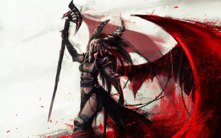 Fantasy HD PC desktop wallpaper featuring a fierce woman warrior with horns and red dragon-like wings, wielding a large axe amid a dramatic red and black backdrop.