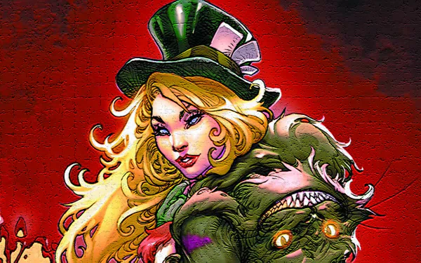 HD PC desktop wallpaper featuring a vibrant comic-style illustration from Grimm Fairy Tales, showcasing a blonde woman in a top hat beside a monstrous creature.