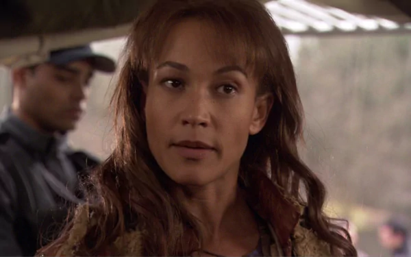 HD PC desktop wallpaper featuring Rachel Luttrell from the TV show Stargate Atlantis in a close-up scene.