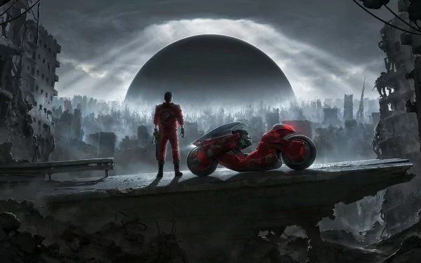 HD desktop wallpaper featuring Shotaro Kaneda from Akira standing beside his motorcycle, overlooking a dystopian city under a massive sphere.
