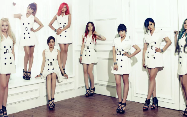 HD PC desktop wallpaper featuring the K-pop girl group T-ara in coordinated white outfits, posing in a minimalist indoor setting with a music theme.