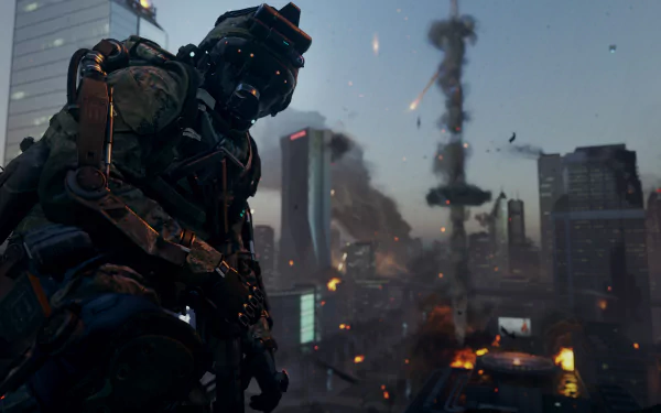 4K Ultra HD desktop wallpaper depicting a soldier in advanced combat gear in an urban battlefield from the video game Call of Duty: Advanced Warfare.