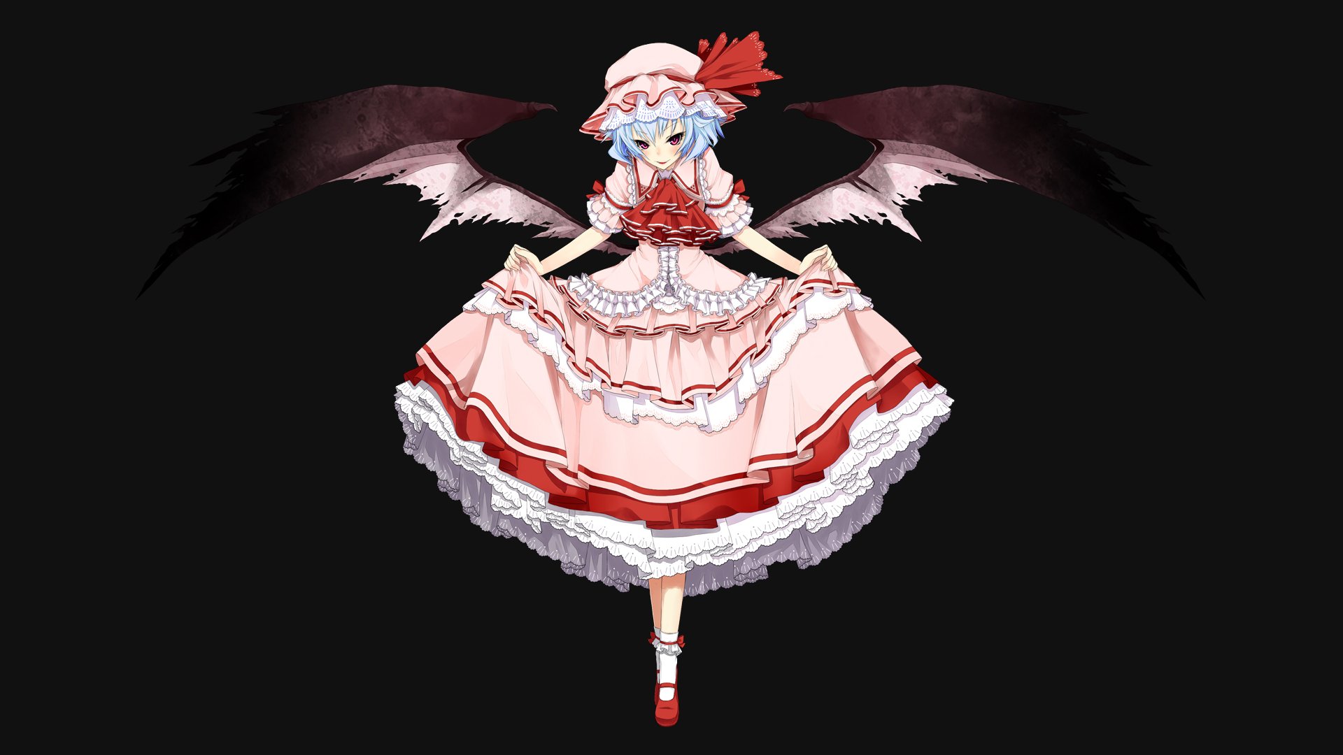 HD anime desktop wallpaper featuring Remilia Scarlet from Touhou, dressed in a detailed red and white outfit with dark bat-like wings against a black background.