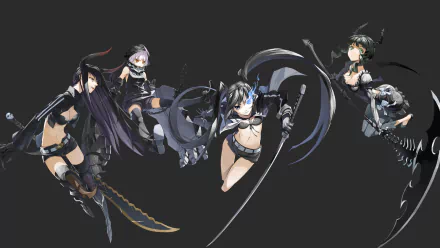 HD wallpaper featuring characters Black Gold Saw, Dead Master, and Strength from the anime Black Rock Shooter, showcasing dynamic poses and striking designs against a dark background.
