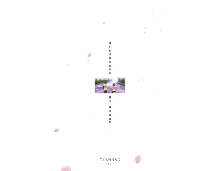 Minimal anime 4K Ultra HD PC desktop Clannad wallpaper showing Tomoya Okazaki and Nagisa Furukawa standing on a road with falling cherry blossoms and vertical Japanese text on a white background.