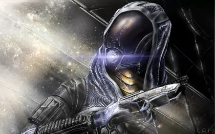 HD PC desktop wallpaper of Tali'Zorah from the Mass Effect video game series, featuring her in detailed armor with a glowing visor and futuristic weapon.
