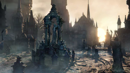 A haunting HD wallpaper from the video game Bloodborne, depicting a foggy, eerie landscape with gothic architecture and ominous statues against a twilight sky.