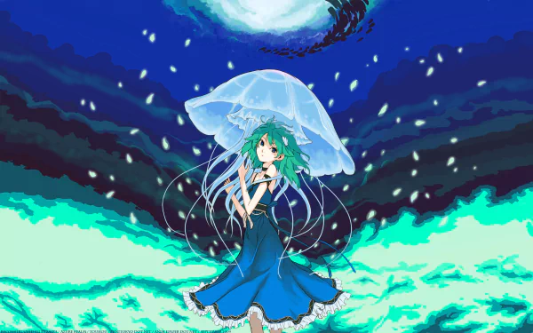 Sanae Kochiya stands with a jellyfish umbrella under a moonlit sky, surrounded by swirling colors and ethereal lights in this HD anime wallpaper from the Touhou series.