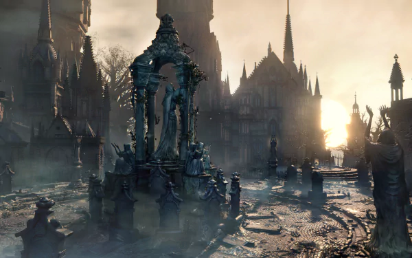 A haunting HD wallpaper from the video game Bloodborne, depicting a foggy, eerie landscape with gothic architecture and ominous statues against a twilight sky.