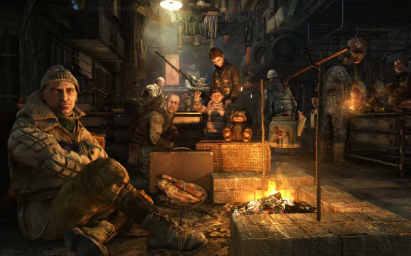 HD PC desktop wallpaper of Metro Last Light Redux: armed survivors huddle around a fire in a dim underground tunnel, surrounded by crates, gear and a grim post‑apocalyptic atmosphere.