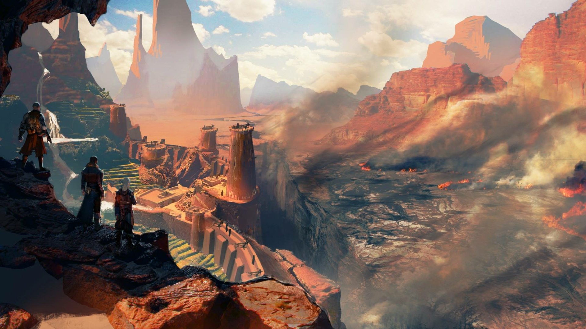 HD PC desktop wallpaper of a Dragon Age: Inquisition video game landscape: robed figures overlook a canyon city with towers, sunlit mesas and a stormy battlefield in the distance.