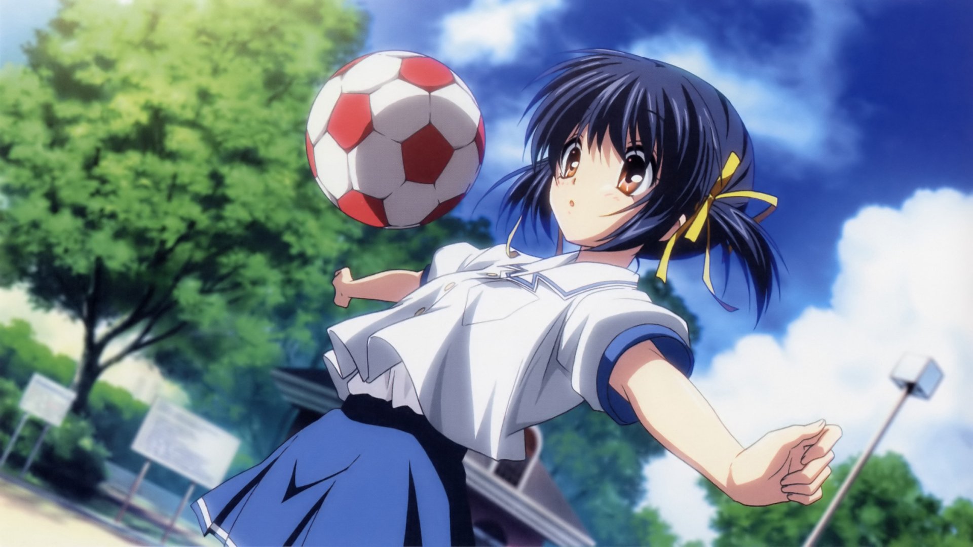 Mei Sunohara (Clannad) in a school uniform kicking a soccer ball beneath a blue sky — 2K Quad HD anime PC desktop wallpaper/background.