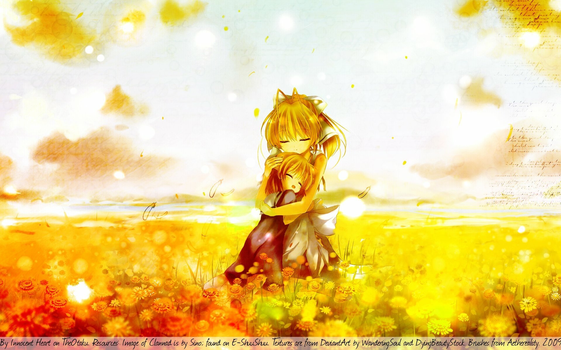 A vibrant HD wallpaper featuring Ushio Okazaki and Nagisa Furukawa from the anime Clannad, set against a beautiful field of flowers under a warm, sunny sky.