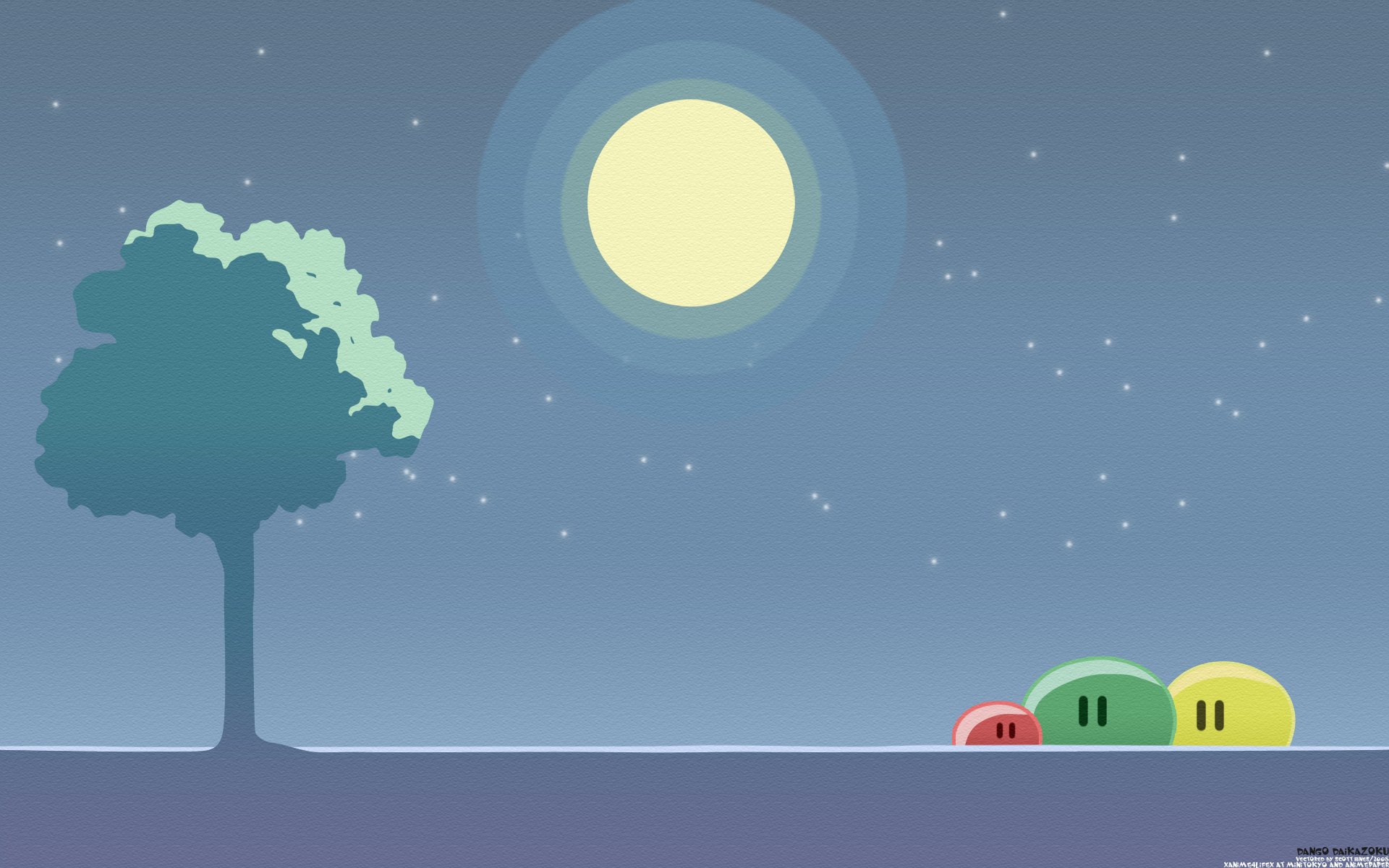 HD PC desktop wallpaper featuring Clannad's dango characters sitting under a full moon and starry night sky beside a tree.
