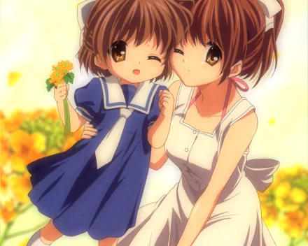 Ushio Okazaki and Nagisa Furukawa from the anime Clannad are depicted in a warm, vibrant scene, set against a bright background of blooming flowers, capturing a tender moment between them.